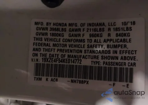 2019 Honda Insight Ex из США, поврежденный, VIN 19XZE4F54KE014772